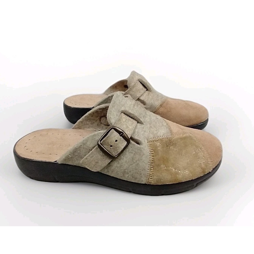 Fly Flot Women's Clogs Mules House Shoes Tan Patchwork‎ Wool Size 39 (7.5)